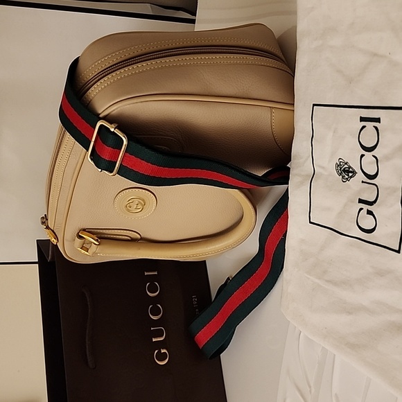 Rare! GUCCI Crossbody Satchel Boston Bag 2-Tone Beige Calfskin +Green Red Strap - Picture 5 of 16